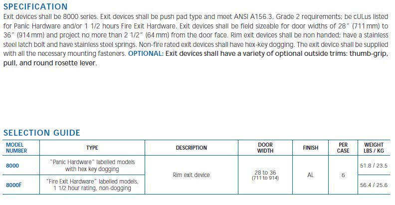 Push pad devices - Door Doctor image speci 8000